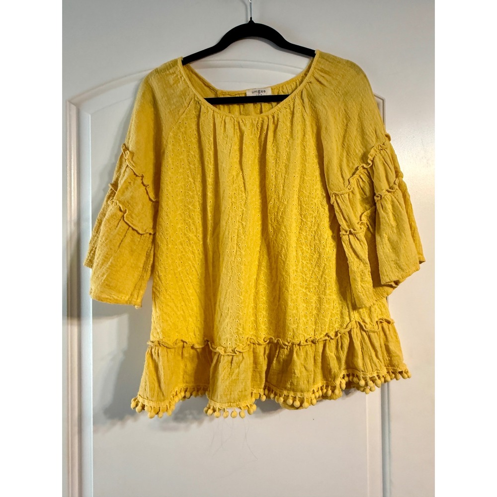 Umgee Blouse Medium Yellow Eyelet Pom Pom Ruffle Boho Peasant Cottagecore